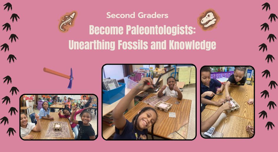 several pictures of elementary kids holding up fossils